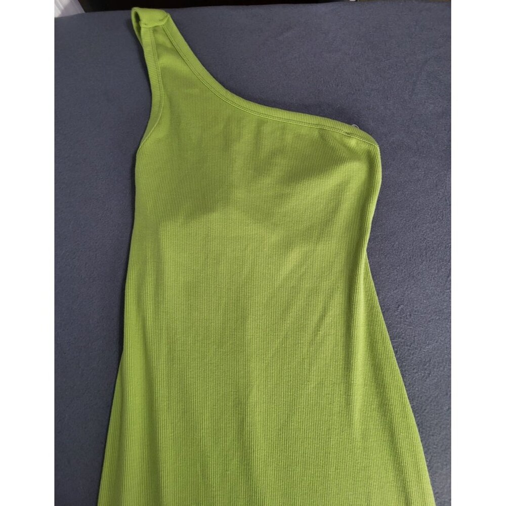 Lulus Show Stealer Lime Green One-Shoulder Asymmetrical Ribbed Maxi Dress SZ LG - Picture 3 of 10